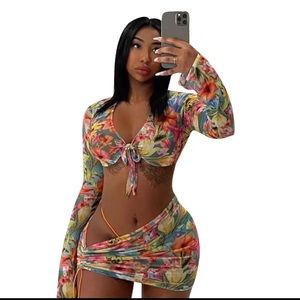 Spring Summer Print Sexy Two Piece Set Women Long Sleeve Crop Top Mini Skirt